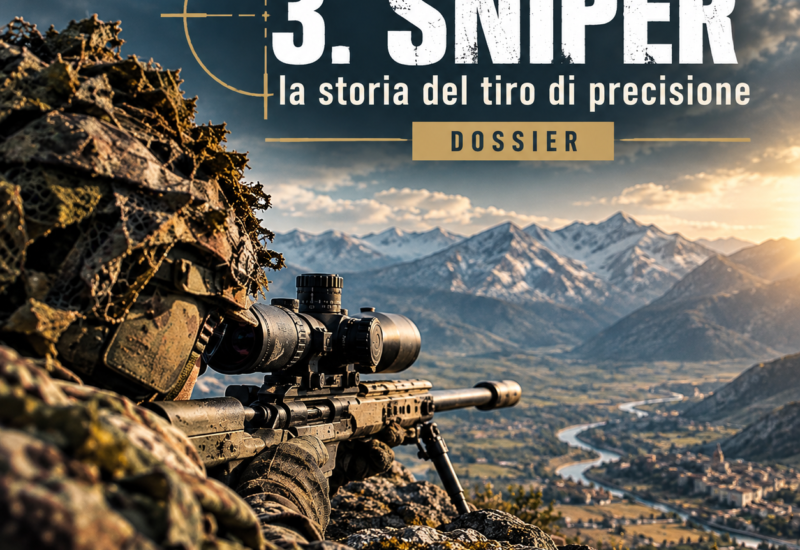 Slider Image del dossier Armymag.it sulla storia dei cecchini, con un tiratore scelto armato di fucile con ottica in posizione su un'altura e il titolo “3. Sniper – La storia del tiro di precisione”.